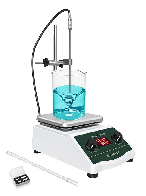 LHS-2S Digital Magnetic Stirrer Hot Plate, 100°C, 700-2600RPM, 2L | Max. settable temp 100°C/ 212℉, non-removable probe, Heated mixer lab stirring, PTFE stir bar, bar recycler, support stand