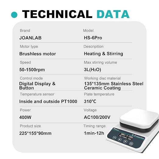 JOANLAB Magnetic Stirrer Hot Plate HS-6PRO | 310°C, 50-1500 RPM, 3L Stirring Capacity | Digital with Timer, External Probe Included, 110V