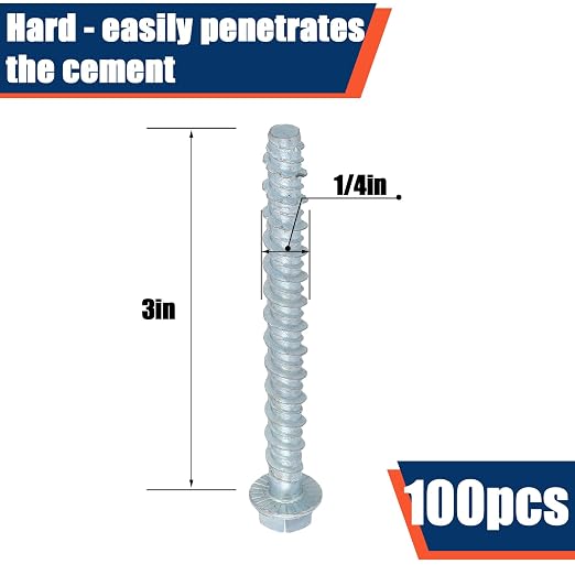 Tandefio 100 Pack 1/4" x 3" Galvanized Concrete Screws Large Diameter Anchors Concrete Screw Anchor Bolts Masonry Screw for Anchoring to Masonry Brick or Block