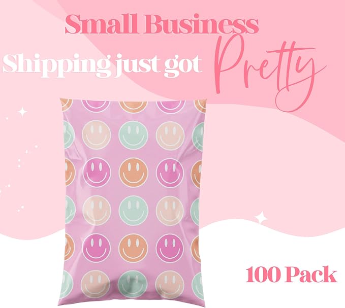 Pretty Package Store Designer Poly Mailer 10x13, Smiley Face, 100 Pack | Heavy Duty, Waterproof, Self Seal, Tear Resistant, Shipping Bags for Small Business Packaging, Bulk Mailing Envelopes