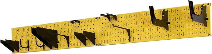 Wall Control Garage Storage Rack Lawn & Garden Tool Organization Wall Mount Organizer - Easy to Install 64" Wide Colorful Metal Peg Board Set (Yellow Pegboard)