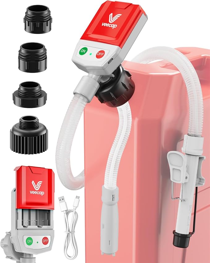 Automatic Electric Fuel Transfer Pump with Auto-Stop, 3.8GPM & 51" Hose & 4 Size Adapters Gas Can Pump with Leak Protection for Gasoline, Diesel, Kerosene, Gifts for Men Dad Him - 2nd Gen Red Gray