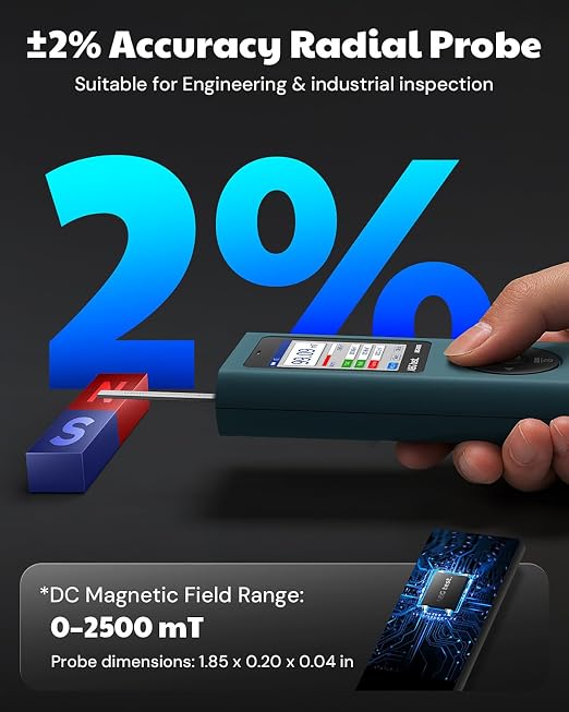 8035 DC Gauss Meter, Telescopic Hall Sensor, Rechargeable Tesla Meter 0–2500 mT, Magnetometer with Data Logging and Alarm, Magnetic Field Strength Meter, ±2% Industrial Accuracy for Factories