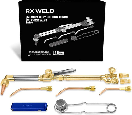 RX WELD Medium Oxy Acetylene Torch Kit, 12 PCS Welding Cutting Brazing Torch Set with Check Valves & Tips – Safety Certified for Metalworking, Repair, DIY Projects