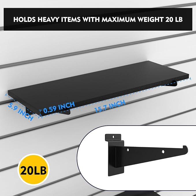 8 Pack Wooden Slatwall Shelf, 15.7 x 5.9 Inch Slatwall Shelves with Metal Brackets Heavy Duty Slat Wall Organizer Slatwall Shelving Accessories for Garage, Home (8, 15.7"D x 5.9"W x 0.6"H)