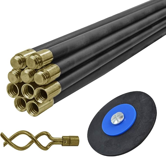 Faithfull FAIDRSET12 Drain Rod Set 9M (30ft) 10 x Rods, Plunger, Worm. Brass Rod Commectors