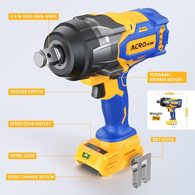Cordless Impact Wrench 3/4" for DEWALT 20V Battery | High Torque 1850FT-LBS Brushless Impact Driver, Auto-Stop Reverse, Variable Speed, Heavy Duty Impact Gun (Bare Tool)