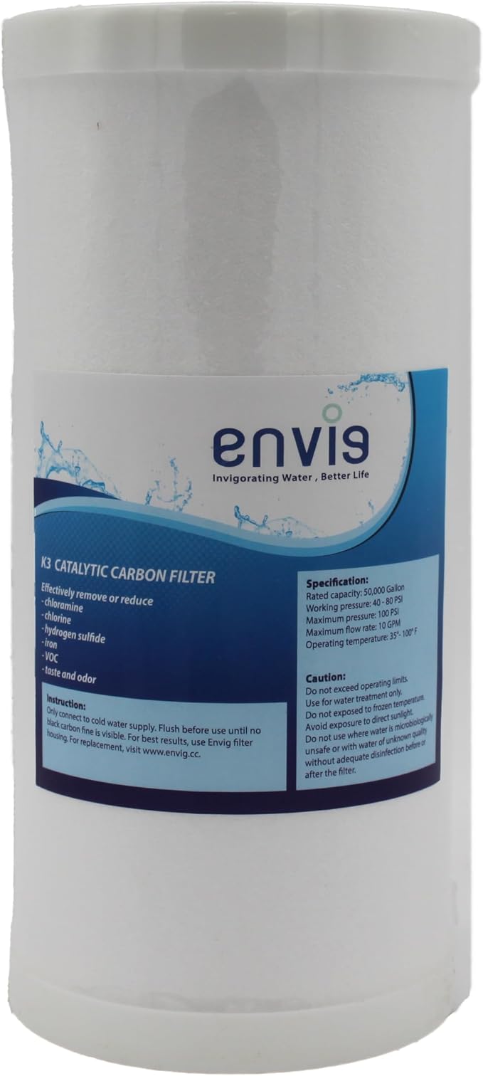 Envig K3 Iron and Hydrogen Sulfide 4.5” x 10” Whole House Water Filter Replacement, Catalytic Carbon KDF, Reducing Hydrogen Sulfide, Iron, Sediment, Chlorine, Chloramine, DBPs, PFAS/PFOS, Heavy Metal