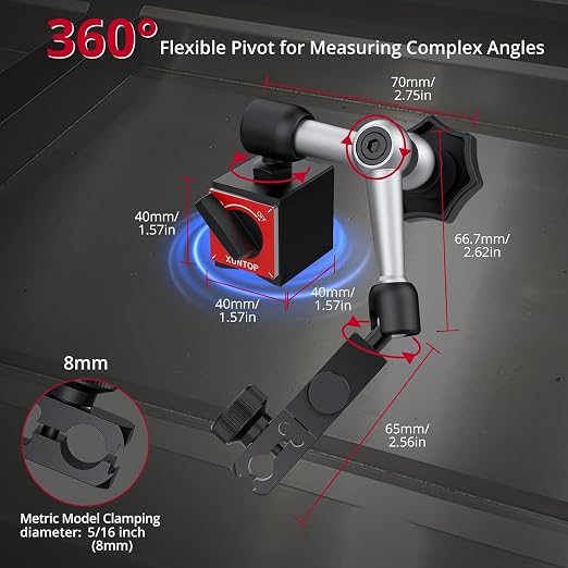 XUNTOP 0-1inch/0.0005inch Dial Digital Indicator and 90lbs (40kg) Magnetic Base Magnetic Electronic Indicator with 3 Adjustable Joints 5/16 inch (8mm) Clamping Diameter for Lathe CNC 3D Printer
