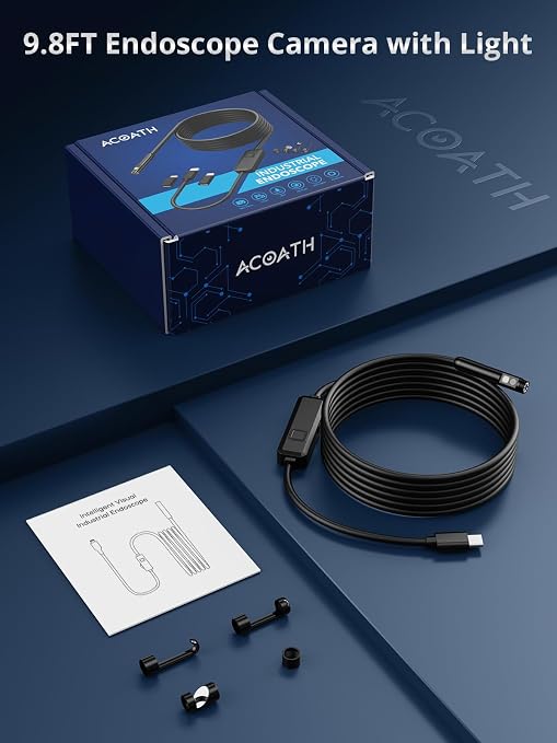Acoath Endoscope Camera with Light, Dual-Lens 1920P HD Borescope with 8 Adjustable LED Lights, IP67 Waterproof Boroscope Inspection Tools, 9.8ft Semi-Rigid Snake Camera for iOS & Android