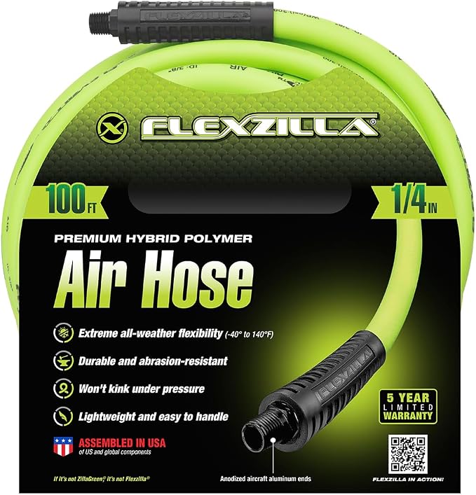 Flexzilla Air Compressor Hose, 1/4 in. x 100 ft., 1/4 in. MNPT Fittings, No-Kink, All Weather, Lightweight, Premium Hybrid Polymer, 300 PSI, ZillaGreen