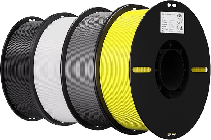 Creality 4 Pack PLA 1.75mm Filament Bundle for 3D Printing with No-Tangling Strong Bonding and Overhang Performance, Accuracy +/- 0.02mm (Black,White,Grey,Yellow)
