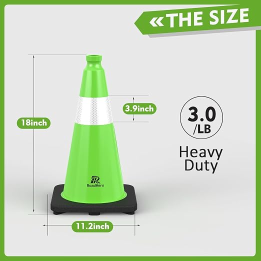 RoadHero 4 Pack Traffic Safety Cones 18 Inch with Black Weighted Base, Plastic PVC Lime Green Traffic Cone with Reflective Collar for Parking Lot, Construction Events, Road Safety