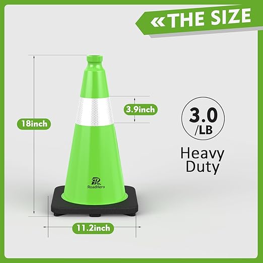RoadHero 8 Pack Traffic Safety Cones 18 Inch with Black Weighted Base, Plastic PVC Lime Green Cone with Reflective Collar, Cones for Parking Lot, Construction Events, Road Safety