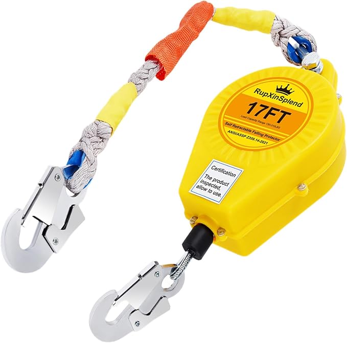 Fall Arrester Protector Self Retractable 17FT Fall Protection Gear Double Locking, Dual PPE+Alloy Steel housing Heavy Duty Lifeline Safety Lanyard Rope Cable Wire Roofing Construction