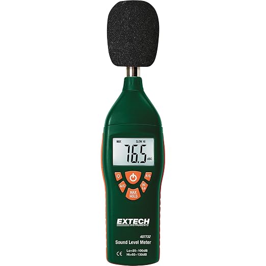 Extech 407732 Type 2 Digital Sound Level Meter 35 to 130 dB | ANSI/IEC 651, dual range, A/C weighting, fast/slow, data hold, max hold, windscreen, 9V battery