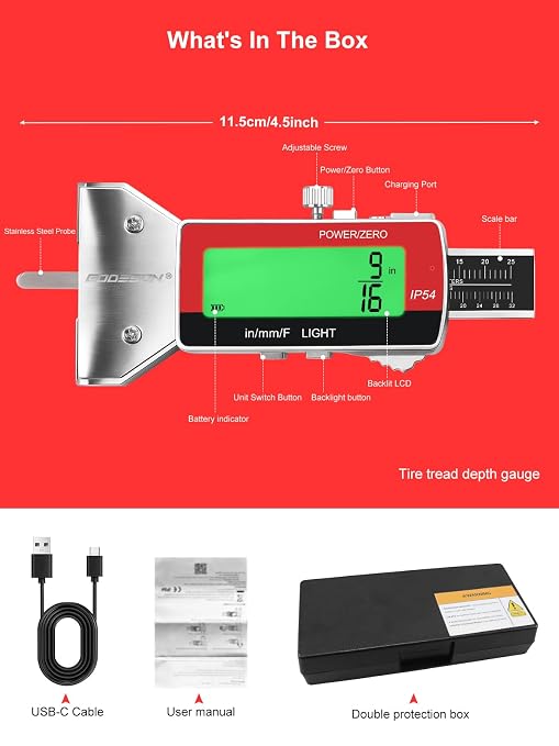 GODESON Tire Tread Depth Gauge,Rechargeable Digital Tire Depth Gauge - USB-C,3-Unit Switch (mm/Decimal/Fraction Inch), Backlit LCD Display, Auto Power Off, 0-32NDS for Car/SUV/Truck Wear Measurement