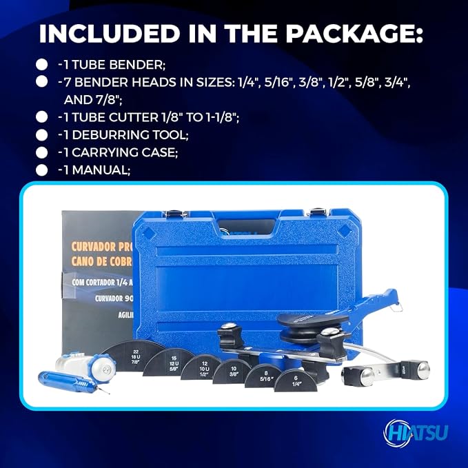 Hiatsu Tube Bender Kit for HVAC & Refrigeration – Ratcheting Copper/Aluminium Tube Bender with 7 Dies (1/4–7/8 in) – Lightweight Fiber Jaws, Heavy-Duty Carrying Case