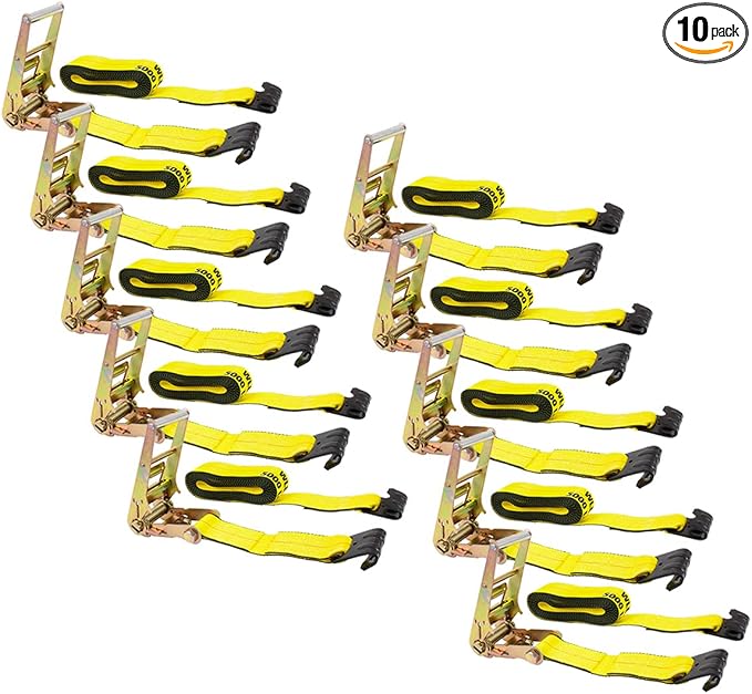 Mytee Products Ratchet Tie-Down Straps with Flat Hooks, 3" x 30' Ratchet Straps Yellow | 15,000 Lbs Breaking Strength | TieDown Ratchet Straps for Flatbed, Truck, Trailers Pickup (10 Pack)