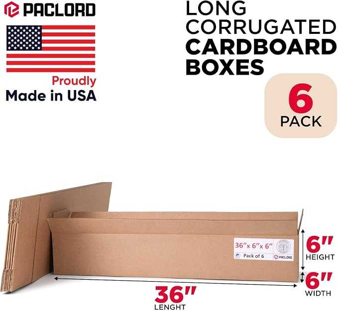 Long Cardboard Boxes 36"L x 6"W x 6"H (Pack of 6) - USA-Made Packing Boxes for Moving, Shipping, or Storage - USPS, UPS, FedEx Approved - Professional Packing Supplies for Moving | USA-Made Packing Boxes for Moving, Shipping, or Storage - USPS, UPS, Fe...