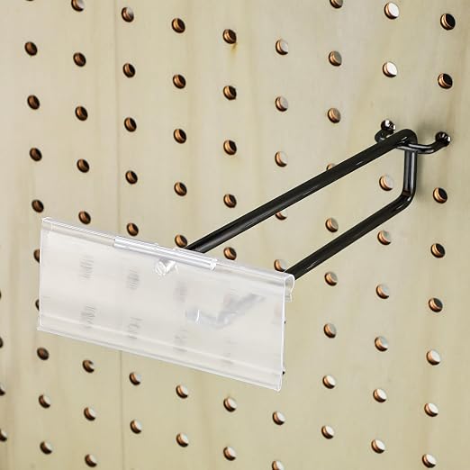 Tandefio 50 Pack 6 Inch Black Metal Peg Board Hooks with Clear Plastic Label Holder Stainless Steel Display Pegboard Hooks for 1/8'' to 1/4'' Pegboard Wall for Garage Storage Retail Shop Supplies