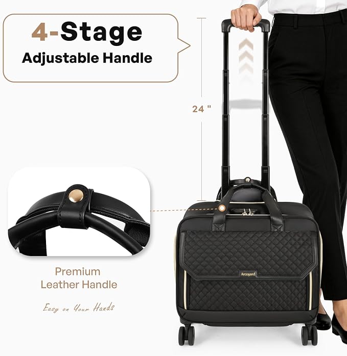 Rolling Laptop Bag for Women with 4 Spinner Wheels, 17 Inch Rolling Briefcase for Women with Lock, Waterproof Rolling Computer Bag with 11 Pockets & Padded Laptop Sleeve for Work Travel, Black