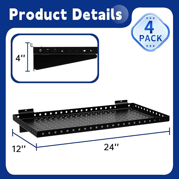 Heavy Duty Slatwall Shelf 24x12Inch, Steel Slatwall Accessories Storage Rack for Garage, Retail, Workshop (4, 24x12Inch)