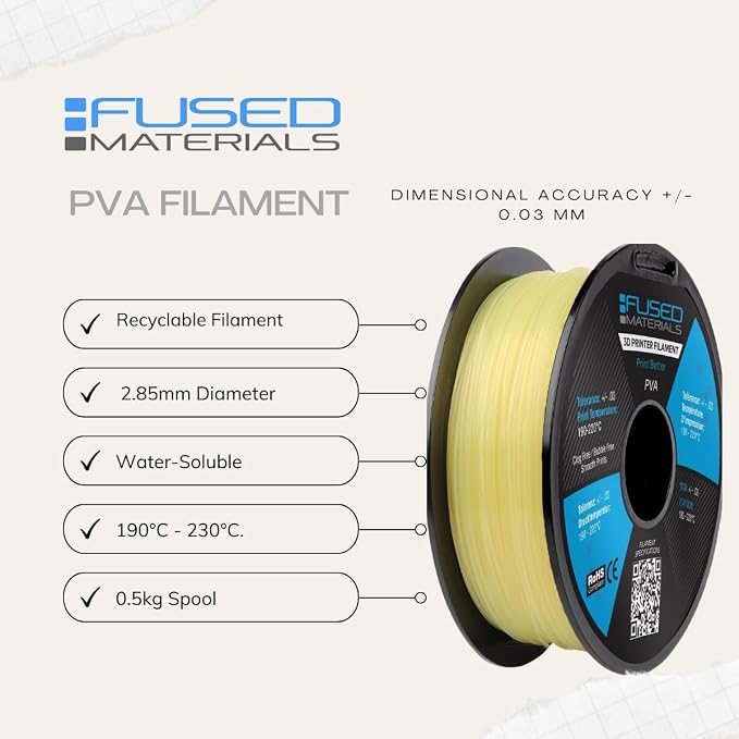 Fused Materials PVA Filament 2.85mm 0.5kg – Water-Soluble 3D Printer Filament – Compatible with Bambu Lab, Polymaker, Overture, and More – Works with PLA, PETG, Nylon, ABS – Clear & Transparent
