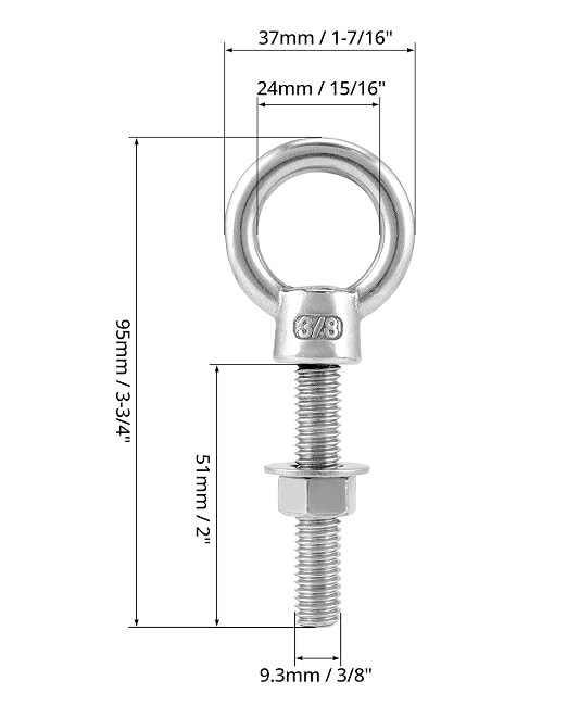 QWORK Threaded Eyebolts, 10 Pack 3/8" x 2" Long 304 Stainless Steel Marine Grade Shoulder Eye Bolt