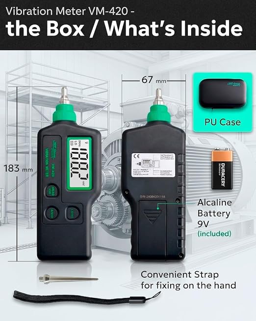 Digital Vibration Meter – VM-420 Industrial Vibrometer, Acceleration 0.1–199.9 m/s², Velocity 0.1–199.9 mm/s, Displacement 0.001–1.999 mm, 10Hz–15kHz, Handheld Machine Diagnostics Tool