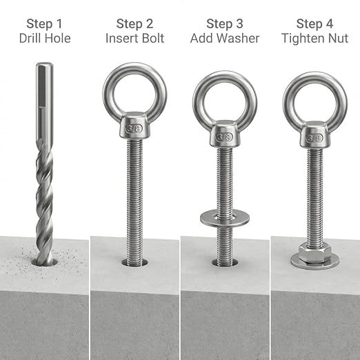 QWORK Stainless Shoulder Eye Bolts 3/8"x6", 20 Pcs Threaded Eyebolts, Fixing Kit for Wood, Metal & Outdoor Projects
