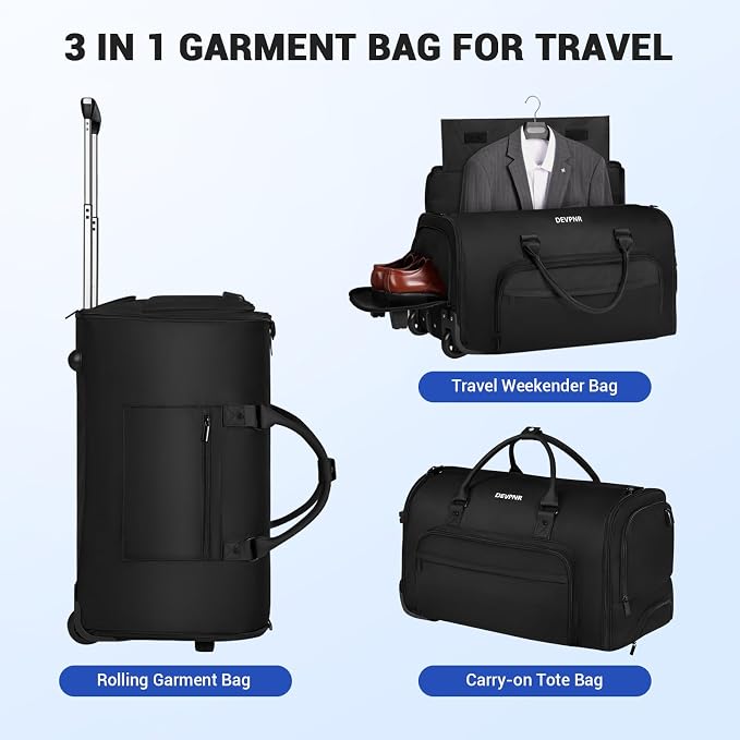 DEVPNR Rolling Garment Bags for Travel, 59L Rolling Duffle Bag with Wheels and Shoe Compartment for Men and Women, 3 in 1 Carry on Convertible Travel Garment Bag with Wheels, Black