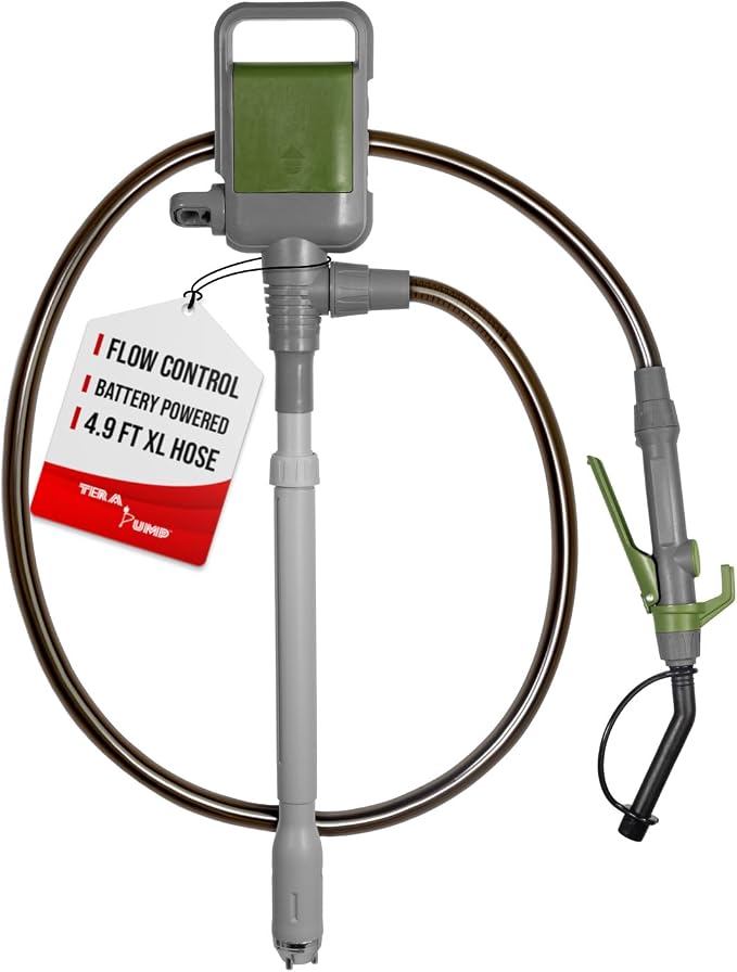 TERA PUMP TRCDM-XL Battery Powered Telescopic Fuel Transfer Pump (2.6GPM) with Flow Control Handle, XL Flexible Discharge Tube, and Metal Impeller for Gasoline, DEF, Diesel, Antifreeze, and Kerosene