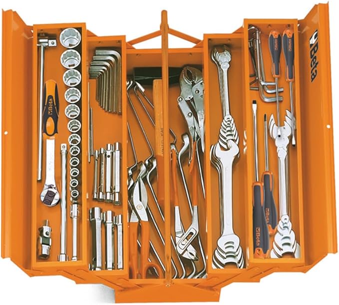 Beta C20L Five-Section Cantilever Metal Tool Box, 21.65” × 7.87” × 8.27” | Heavy-Duty Steel Construction | Lockable | Portable Tool Storage with Fold-Down Handle | Orange | 55 lb Capacity