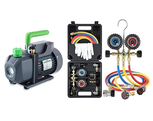 Lichamp AC Gauges R134a R22 R12 R502 A/C Diagnostic Manifold Gauge Set with 5FT Hose and 4.5 cfm 1/3 HP HVAC Single Stage Vacuum Pump for R134a R410a R22 R12