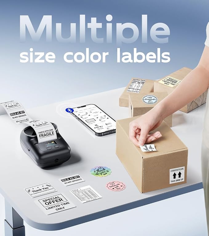 Phomemo M110 Label Printer - Label Maker Machine with 3 Roll Paper, Mini Portable Barcode Label Printer for Small Business, Retail, Address, Barcode, Home, for PC/Mac, iOS/Android- Ebony Black