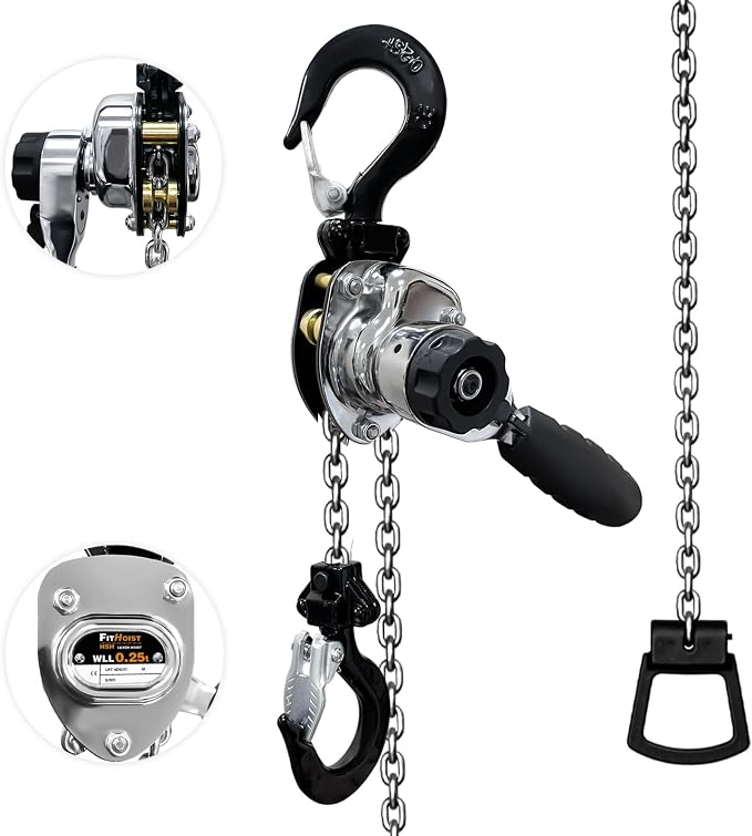 Chrome Plated Mini Chain Hoist 1/4 ton 550Lbs Capacity 10ft Lift Manual Lever Chain Hoist Resists Corrosion Chrome Exterior Finish Alloy Steel G80 Chain, for Garages Warehouse Automotive