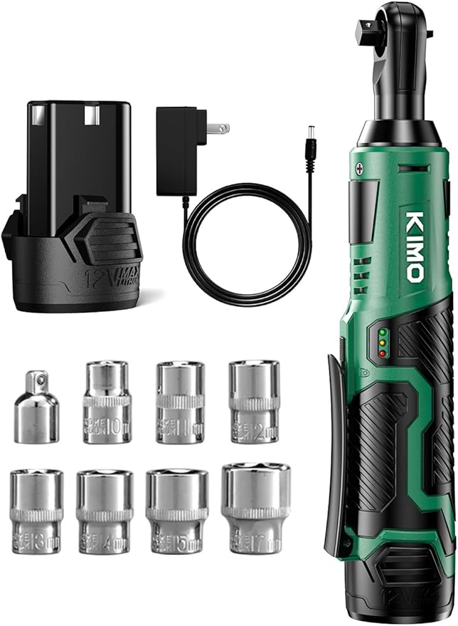 KIMO Cordless Electric Ratchet Wrench Set, 40Ft-lbs, 400RPM, Cordless Ratchet Wrench 3/8" w/Variable Speed Trigger, 7Sockets, 1/4" Adapter, Forward/Reverse Switch, 12V Battery Power Ratchet w/Charger