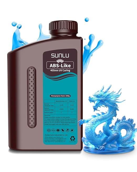 SUNLU 1000G ABS Like Resin for 3D Printer, 405nm UV Curing Photopolymer Rapid 3D Resin for 2K 4K 6K 8K LCD/DLP/SLA 3D Printers, Non-Brittle & High Precision & Low Shrinkage, 1KG, Clear Blue