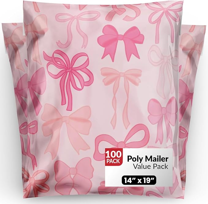 Package Mint 14x19 Poly Mailers - 100 Pack Bows Print Design - Waterproof and Tear-Resistant Poly Mailer Shipping Bags with Self-Adhesive Seal - Opaque Mailing Envelopes for Clothing and Soft Goods