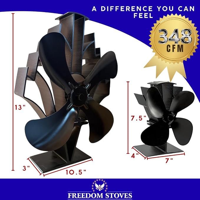 Heat Powered Stove Fan for Wood & Pellet Burners: Compatible with Log Burners, 348 CFM Airflow,13" Large 4-Blade Non-Electric Dual Motor Thermal Blower, Black by Freedom Stoves