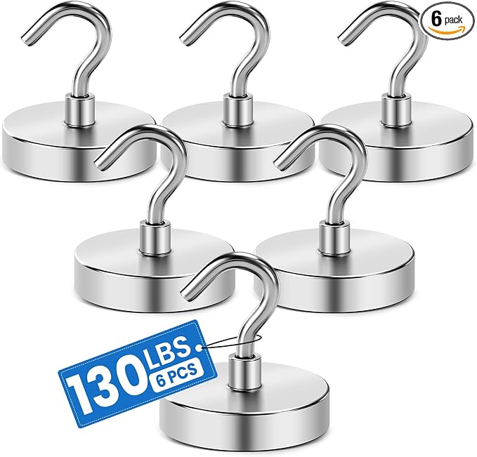 LOVIMAG Magnetic Hooks Heavy Duty, 130LBS, 6 Pack | Magnet with Hook for Cruise Cabins, Classroom, Kitchen Essentials, Door Decoration, Refrigerator, Silver