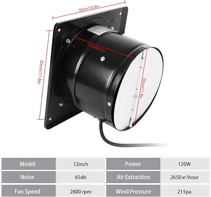 12Inch Exhaust Fan with Plug, 1558CFM Through-the-Wall Ventilation Fan with Light Weight Pure Copper Motor, for Laundry Room, Toilets, Garage, and Shopping Mall, 110V (12 inch, black)