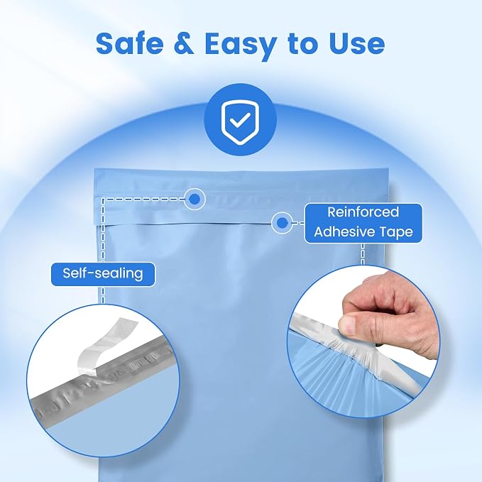 Metronic Poly Mailers 12x15.5 50PC Shipping Bags for Clothing Medium Size, Self-Seal Waterproof Poly Bags Shipping Envelopes, Durable Plastic Package Mailing Bags for Small Business, Light Blue