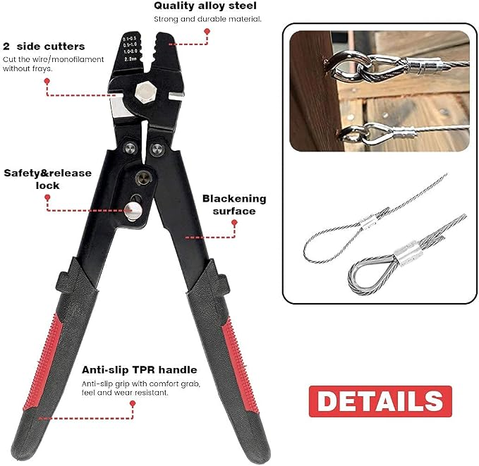 Sanuke Wire Rope Crimping Tool for 1/8 1/16 5/64 inch Aluminum Crimping Loop Sleeves Kit with 210pcs Aluminum Crimping Loop Sleeve and 10pcs Stainless Steel Thimble
