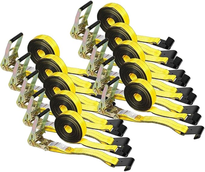 Mytee Products (10 Pack) 2 inch x 27' Heavy Duty Tie-Down Ratchet Straps w/Flat Hook - 10,000 lbs Breaking Strength - Wide Handle Flat Hook Ratchet Straps for Cargo, Flatbed Trailers, Pickup Trucks