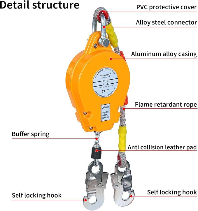 33FT Self Retracting Lifeline, Adjustable Retractable Lifeline Fall Protection Rope, Heavy Duty Retractable Lanyard, Roofing Lifelines, Industrial Fall Arrest Retractor