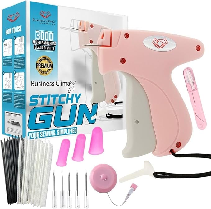 Premium Stitch Gun for Clothes – No-Sew Handheld Sewing Tagging Gun for Quick Clothing Repair & Hemming – Includes 6 Needles 1500 Black Fasteners & 1500 White Fasteners