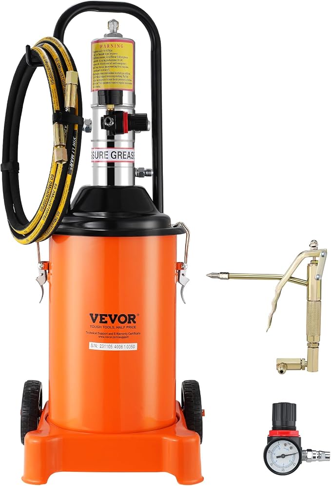 VEVOR Grease Pump, 3 Gallon Air Grease Pump with 13 ft High Pressure Hose and Grease Gun, 12L Pneumatic Grease Pump with Wheels, Portable Lubrication Grease Pump