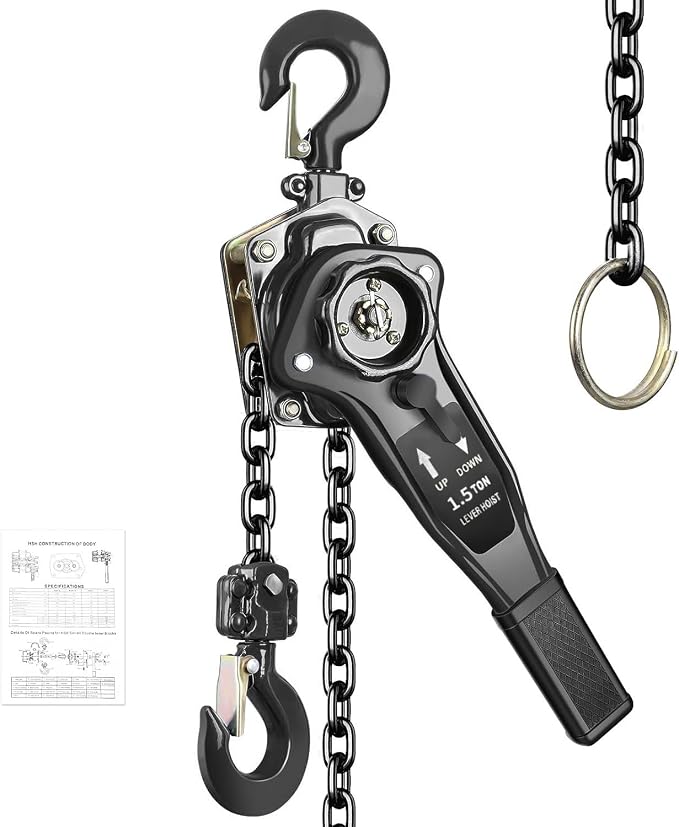 Manual Lever Chain Hoist 1.5 Ton 3300 lbs Capacity 10 FT Come Along, G80 Carbon Steel with Double-Pawl Brake,360° Rotation Hook, for Garage Factory Dock (Lever Chain Hoist 1.5T/3m)